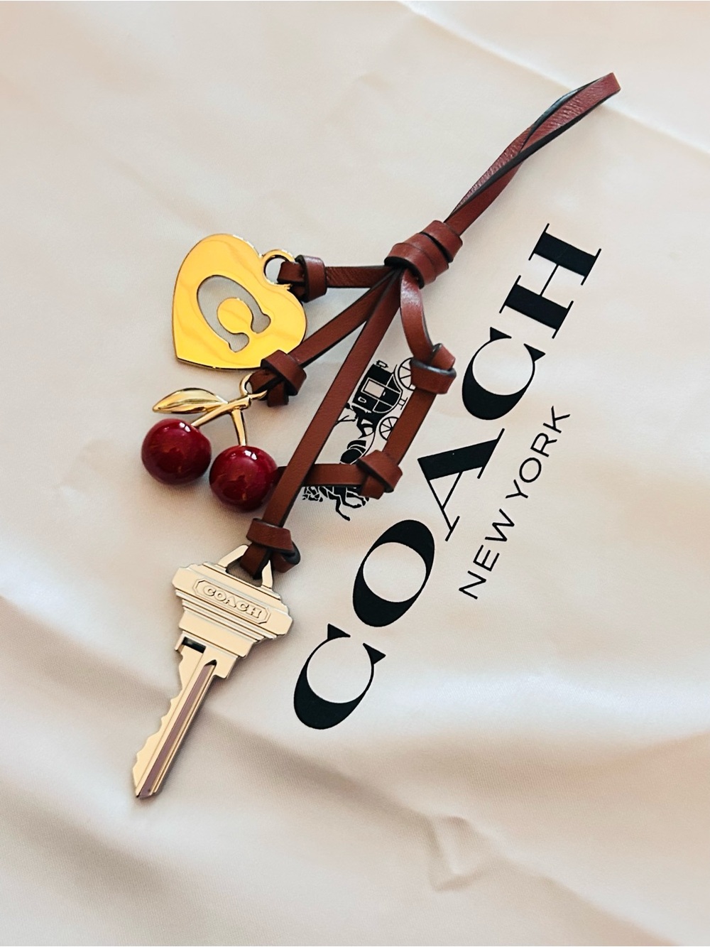 NWOT Coach Love Denim Cherry/Heart/ Key Genuine Leather Bag Charm - Picture 3 of 11